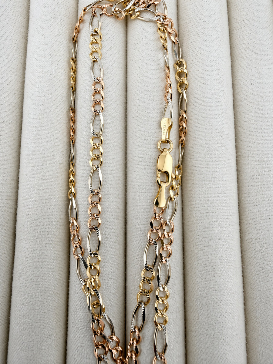 14K Tri-Color Gold Figaro Chain – 4mm