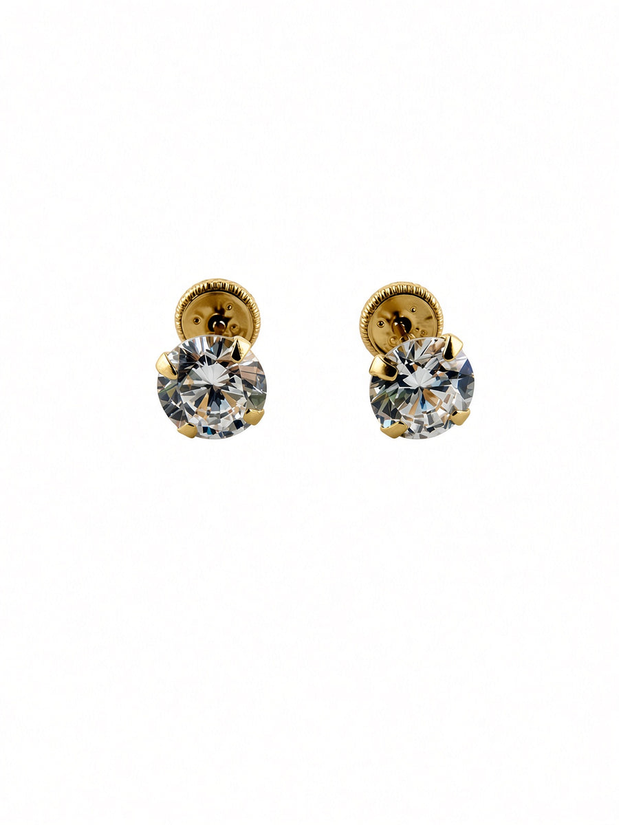 14kt Yellow Gold Round CZ Stud Earrings — Spanish Screw Back