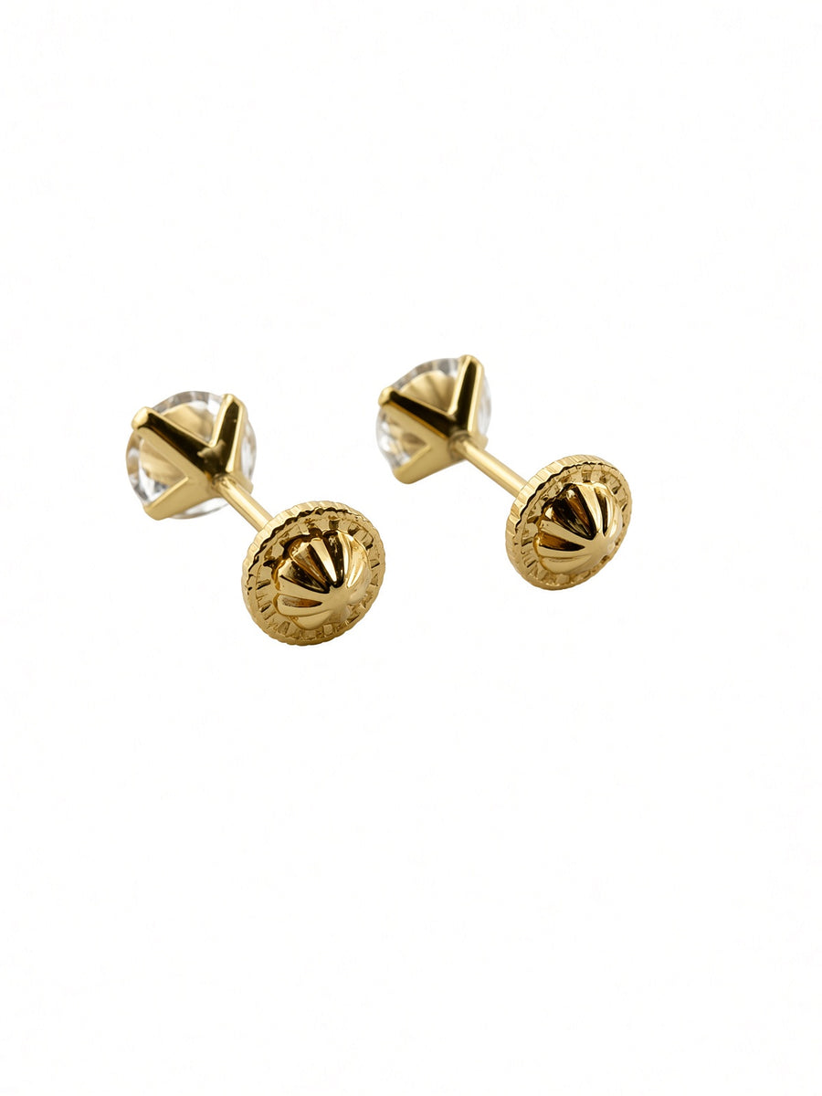 14kt Yellow Gold Round CZ Stud Earrings — Spanish Screw Back